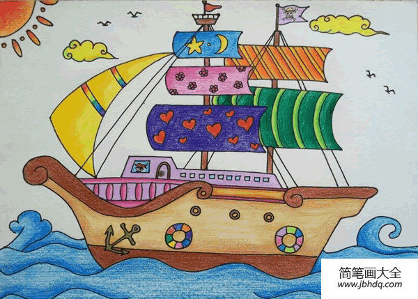 儿童画 大海上的大轮船