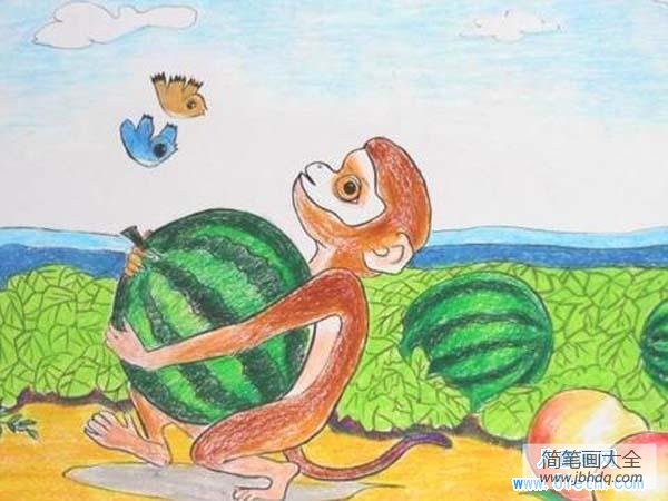 儿童猴子主题儿童画图片:搬西瓜的猴子