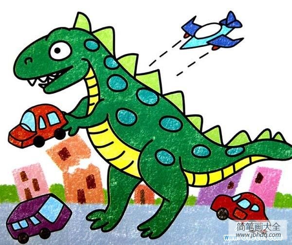 恐龙儿童画油画棒作品欣赏:破坏城市的恐龙