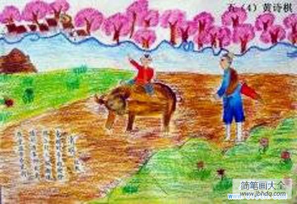 五年级清明节儿童画彩笔画图片:牧童遥指杏花