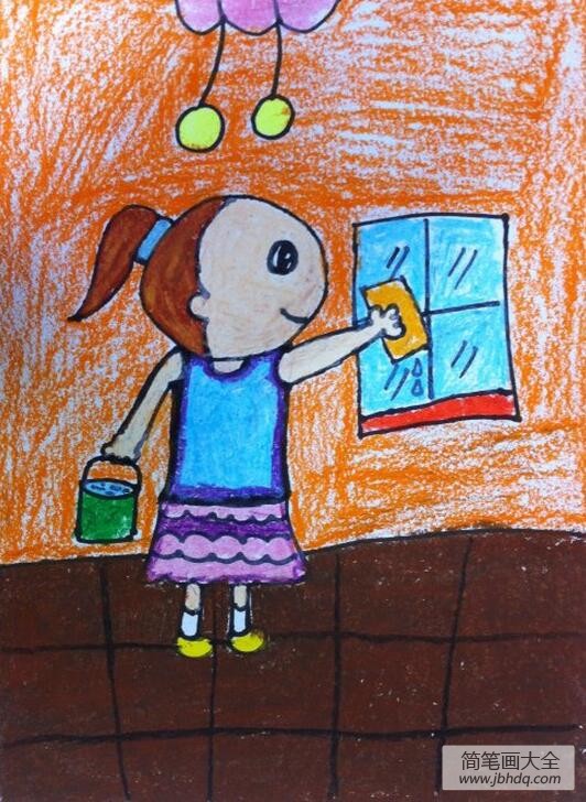 擦玻璃的小女孩有关劳动节的图画分享_劳动节儿童画-画画图片大全