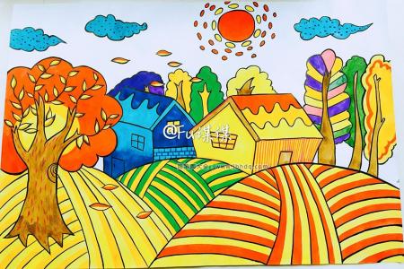 秋天的景色儿童画-秋天的房子