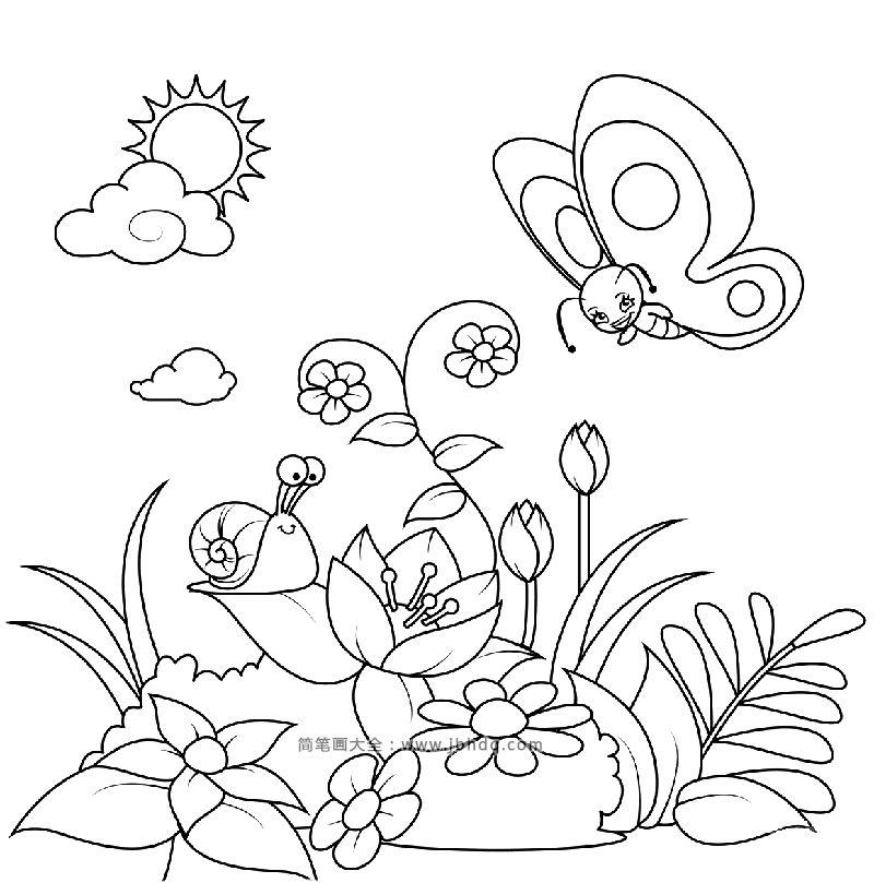 花园里的蝴蝶和蜗牛_春天-简笔画大全