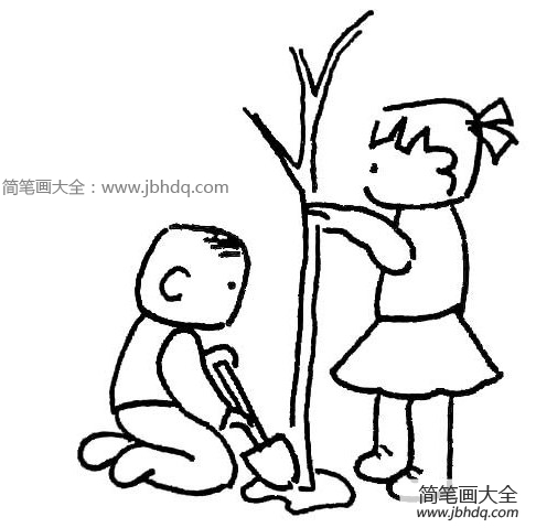 小男孩小女孩在植树