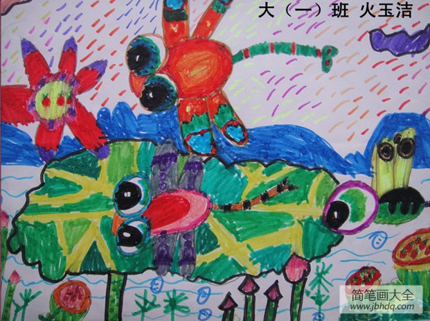 蜻蜓立荷头儿童水彩画