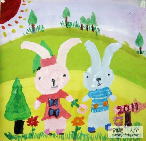 儿童画小兔子的快乐假期