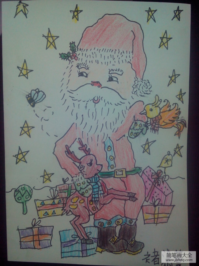 儿童画圣诞老人和驯鹿