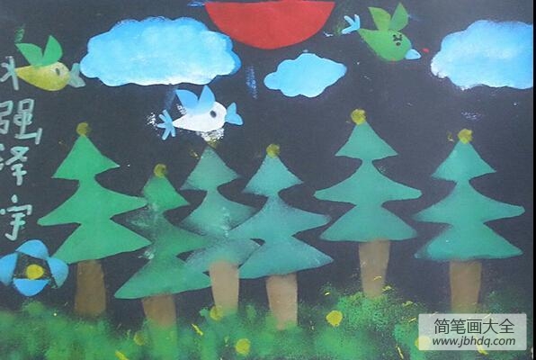 儿童画月光下的树林