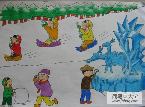 儿童画雪地的欢乐