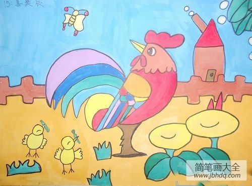 儿童画漂亮的大公鸡