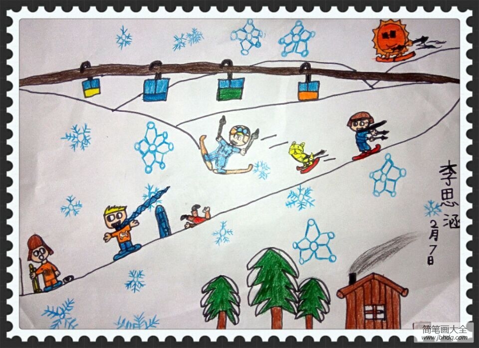 儿童画欢乐的滑雪