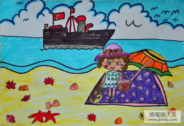 儿童画海边人物