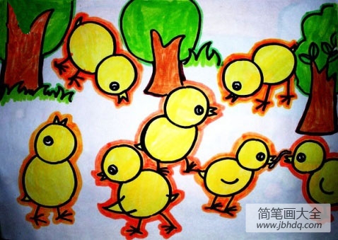 儿童画小鸡觅食
