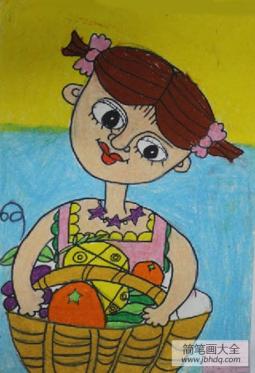 儿童画提果篮的小女孩