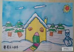 儿童画雪中的房子