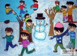 儿童画一起打雪仗