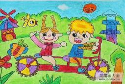儿童画双人单车