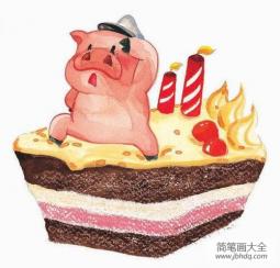 儿童画站在蛋糕上的小猪