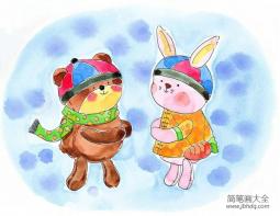 儿童画小熊和小兔拜年
