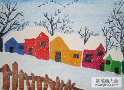 儿童油棒画作品 美丽的雪中七彩屋
