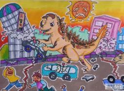 儿童油棒画作品 城市里的大恐龙