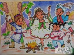 儿童油棒画作品 美丽的新疆舞
