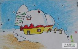 儿童画 雪中的房屋