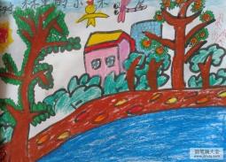 儿童画 树林里的小木屋
