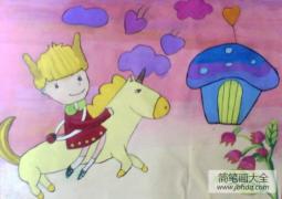 儿童水粉画作品 骑马的小仙女