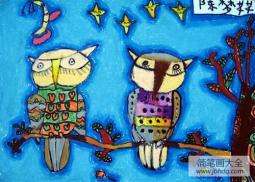 猫头鹰儿童水彩画