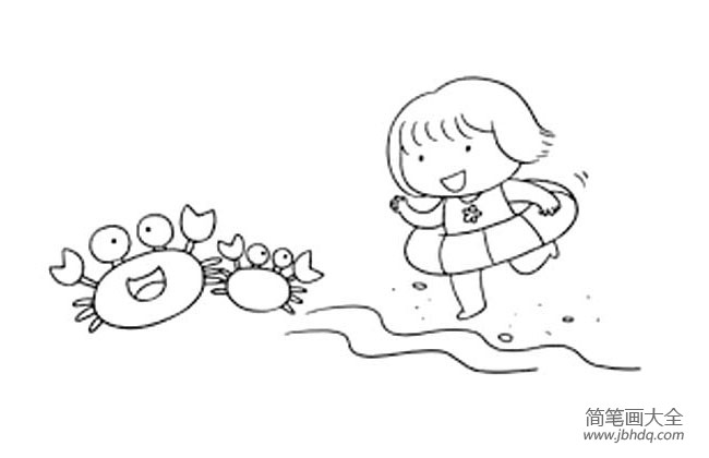 夏天简笔画素材 小女孩在海边