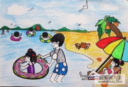 父亲节儿童画 在海滩玩耍