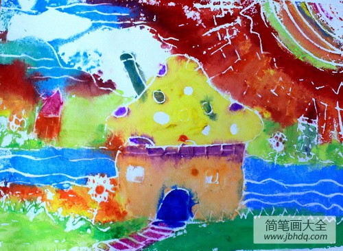 儿童画 河边的蘑菇房子