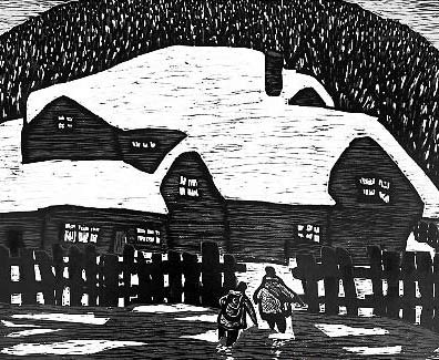 儿童画 雪山房子