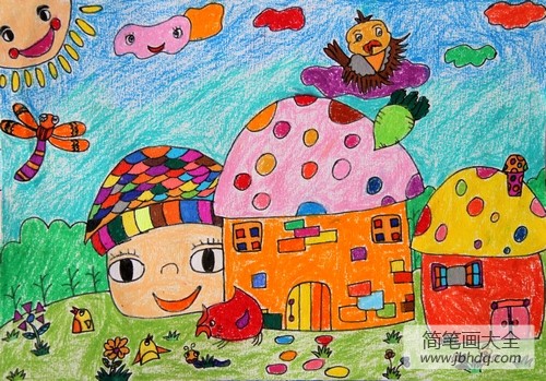 儿童画 蜡笔蘑菇小屋