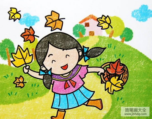 儿童画 小女孩捡落叶