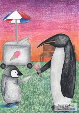 儿童画 小企鹅吃甜筒