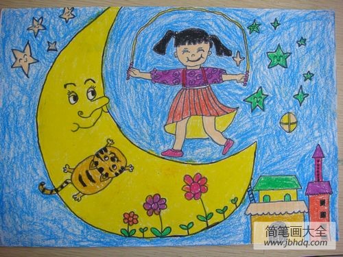 儿童画 在月亮上跳绳