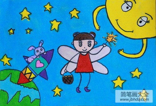 中秋节题材儿童画-我给月亮送月饼
