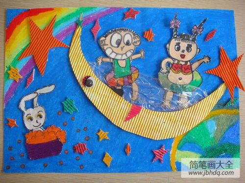 中秋节题材儿童画大全-到月亮上去学游泳
