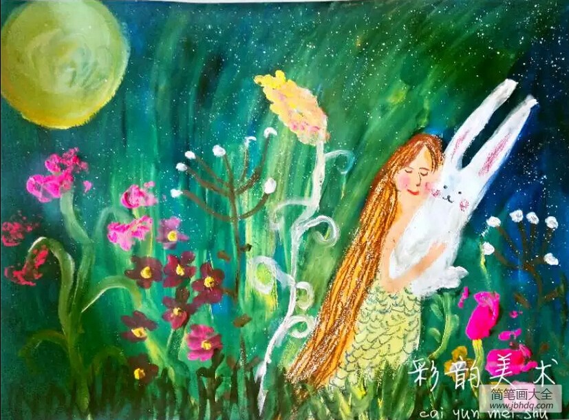 和白兔一起赏月,有关于中秋节的儿童画作品