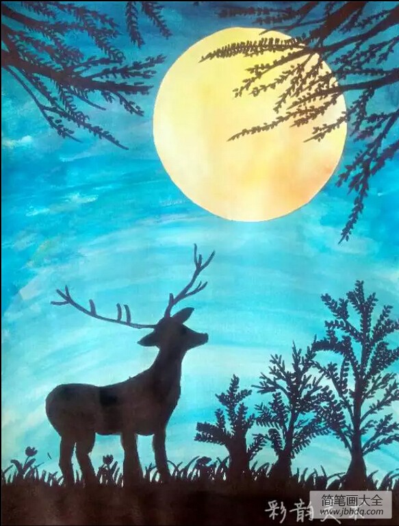 麋鹿望月,有关于中秋节的儿童绘画作品