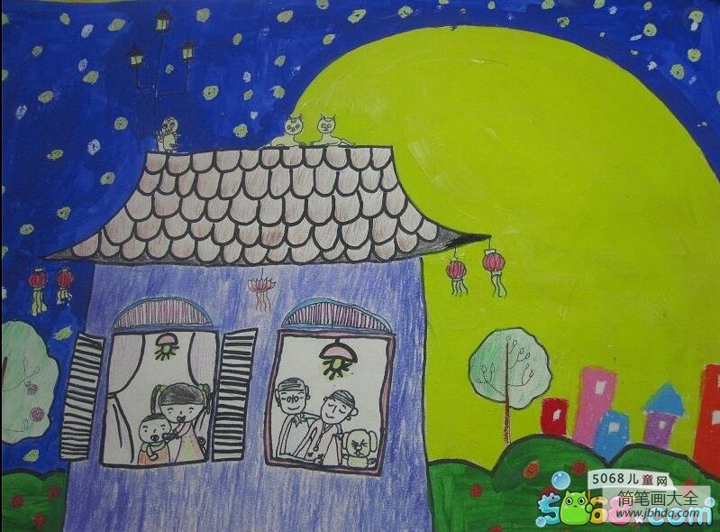 美丽的月色中秋节儿童绘画作品