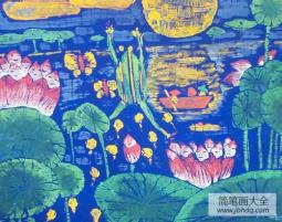 庆祝中秋节的儿童画-荷塘月色