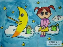 中秋节的儿童画-我和月亮钓星星
