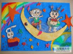 中秋节题材儿童画大全-到月亮上去学游泳