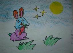 玉兔赏月，中秋节主题儿童画作品