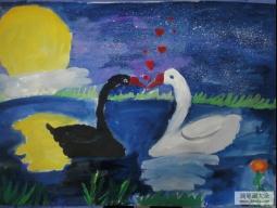 月光下的天鹅湖-中秋节儿童画作品