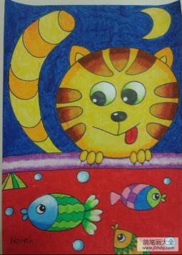 小花猫的期盼-中秋节儿童画作品