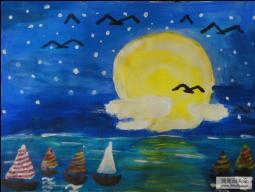 海上的月亮,欢度中秋节日儿童画作品